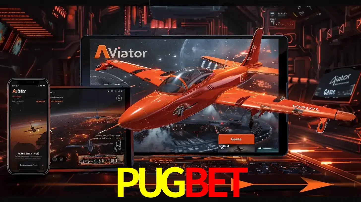 Apresentação tecnológica do jogo Aviator com um avião saindo da tela de um tablet, demonstrando a experiência imersiva em múltiplos dispositivos no PUGBET.