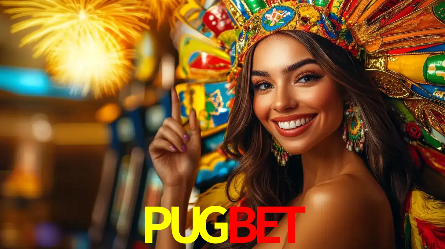 Mulher sorridente com um cocar de carnaval vibrante e colorido, celebrando uma grande vitória nos jogos do cassino PUGBET com fogos de artifício ao fundo.