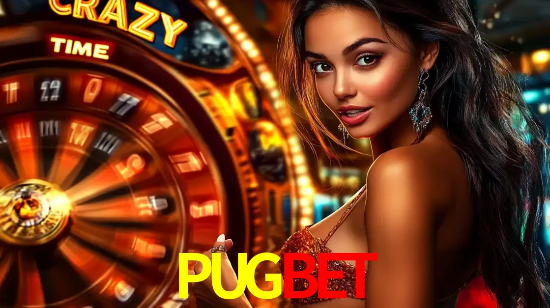 Mulher ao lado da roda de prêmios do jogo de cassino ao vivo Crazy Time, um dos shows de jogos mais emocionantes oferecidos pela plataforma de apostas PUGBET.