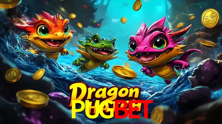 Arte promocional do jogo Dragon Hatch com três adoráveis dragões bebês nadando entre moedas de ouro, um dos slots mais divertidos para jogar no cassino PUGBET.