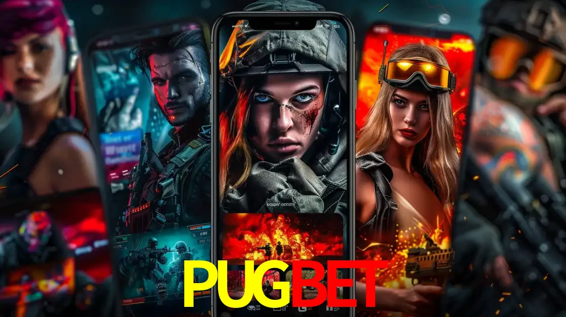 Montagem de telas de celular mostrando diversos personagens, masculinos e femininos, de um jogo de tiro, ilustrando a diversidade de equipes de e-sports para apostar no PUGBET.