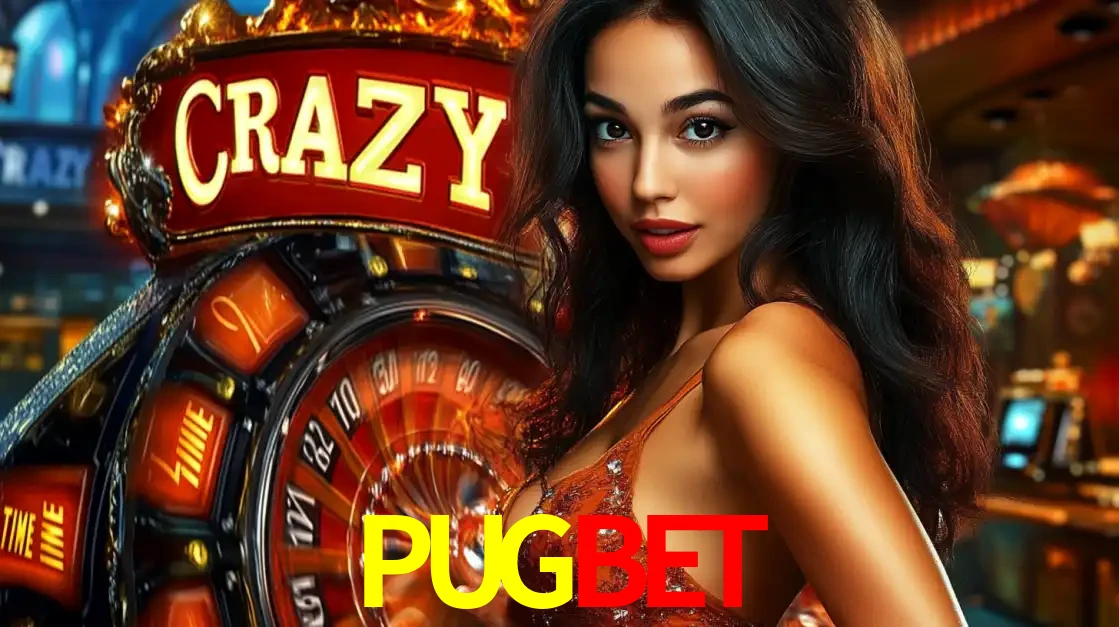 Mulher glamourosa olhando para a câmera com a roda vermelha do Crazy Time ao fundo em um ambiente de cassino, destacando a emoção dos jogos ao vivo no PUGBET.