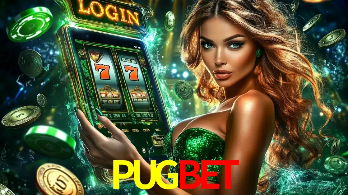 Mulher com tema verde apresentando o aplicativo do cassino PUGBET com um jogo de slot de 777, cercada por fichas de cassino e uma aura de sorte.