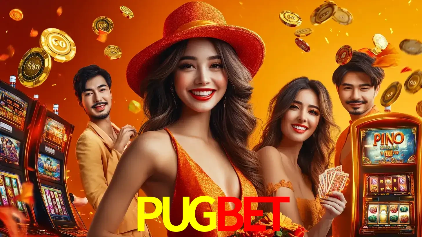 Grupo de amigos asiáticos sorrindo e se divertindo com máquinas de caça-níqueis em um ambiente festivo, celebrando suas vitórias nos jogos de cassino do PUGBET.