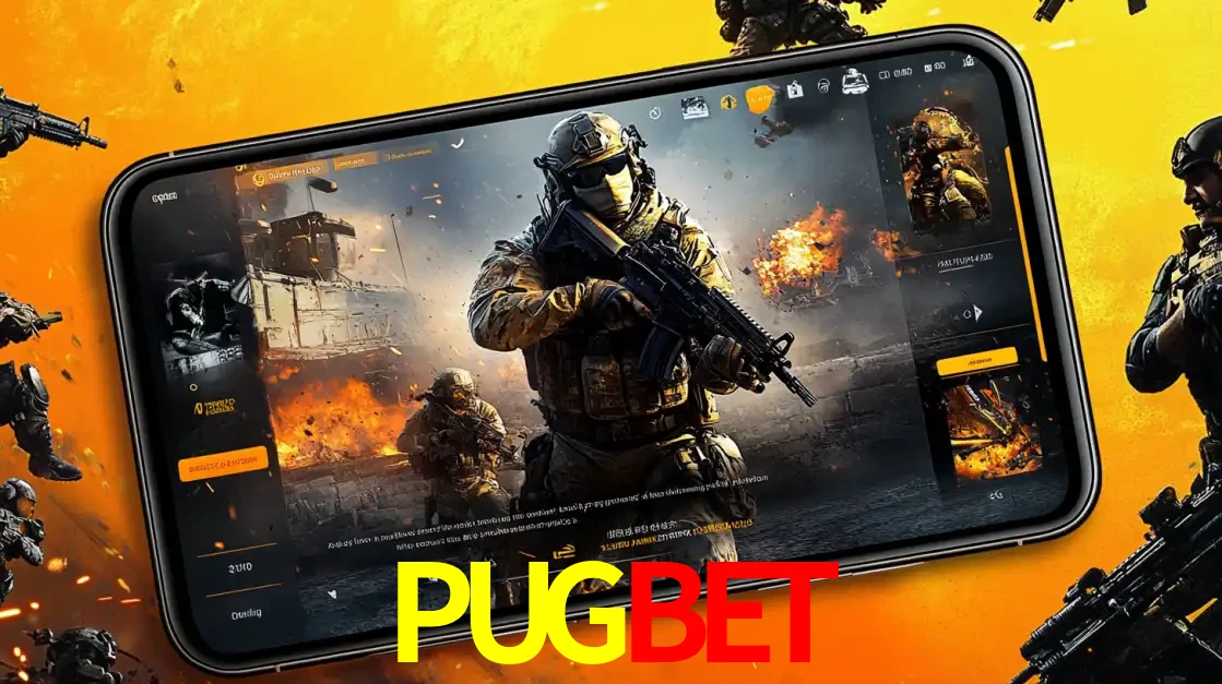 Um smartphone exibindo a interface de um jogo de tiro em primeira pessoa, com um soldado em um cenário de batalha, representando a ação dos e-sports para apostar no PUGBET.