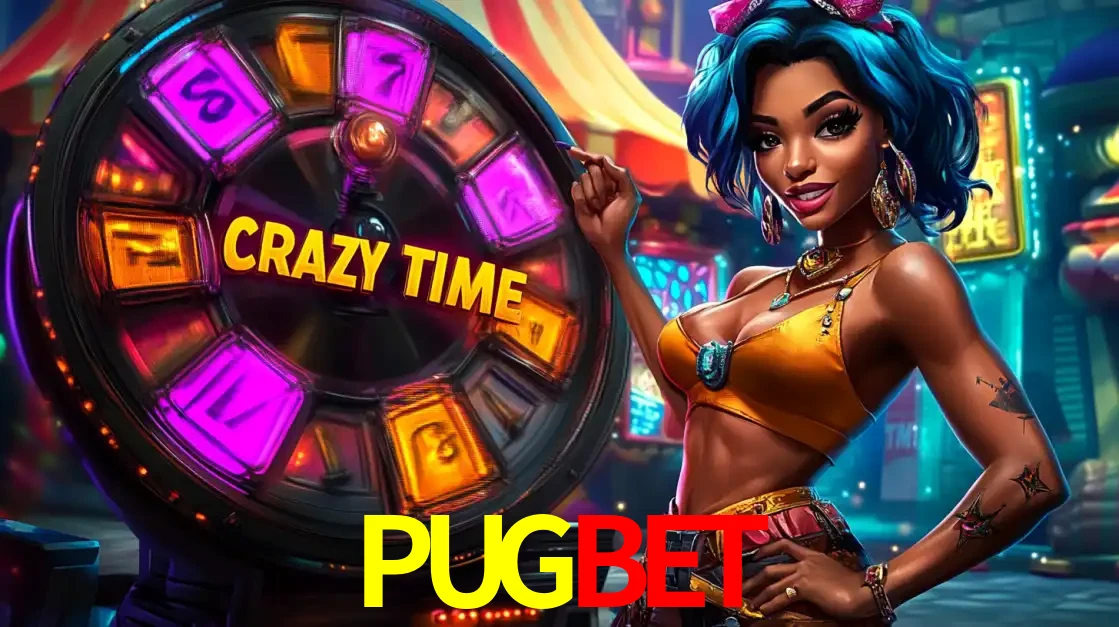 Mulher estilizada com cabelo azul e visual vibrante posando ao lado da roda de prêmios do game show Crazy Time, convidando para a diversão e os bônus do cassino PUGBET.
