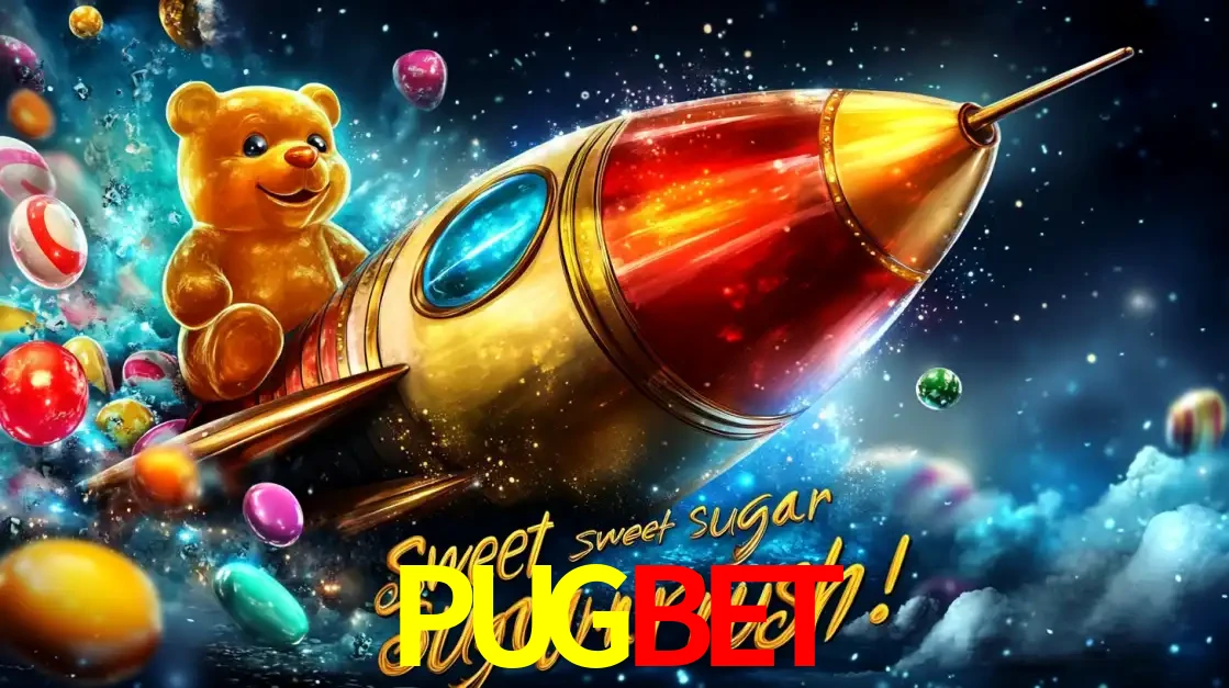 Arte promocional do jogo de slot Sugar Rush, com um urso de pelúcia em um foguete viajando pelo espaço de doces, um dos jogos divertidos disponíveis no cassino PUGBET.