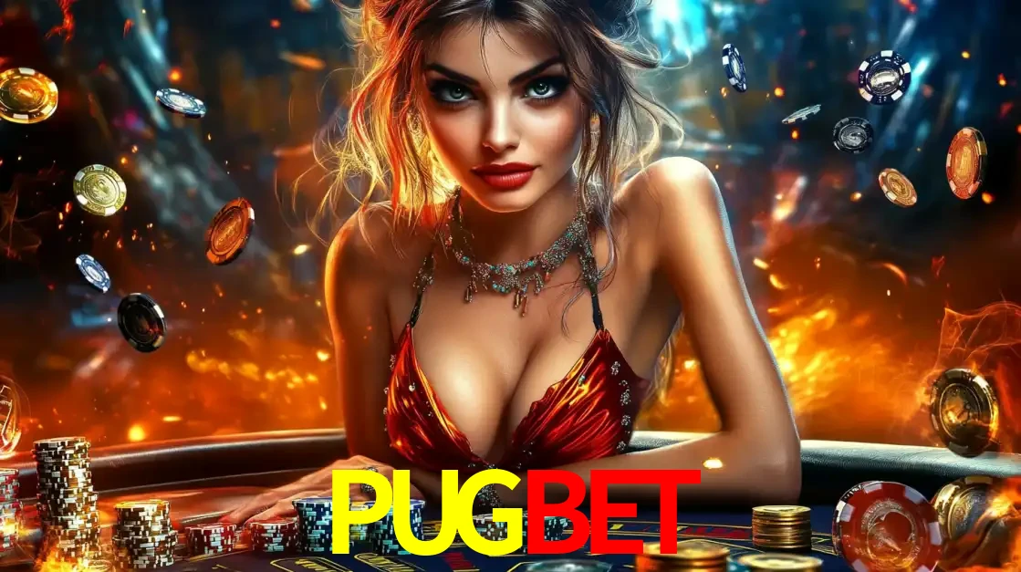 Mulher em uma mesa de cassino com pilhas de fichas e um fundo de fogo, pronta para uma rodada de altas apostas nos jogos de mesa emocionantes do cassino PUGBET.