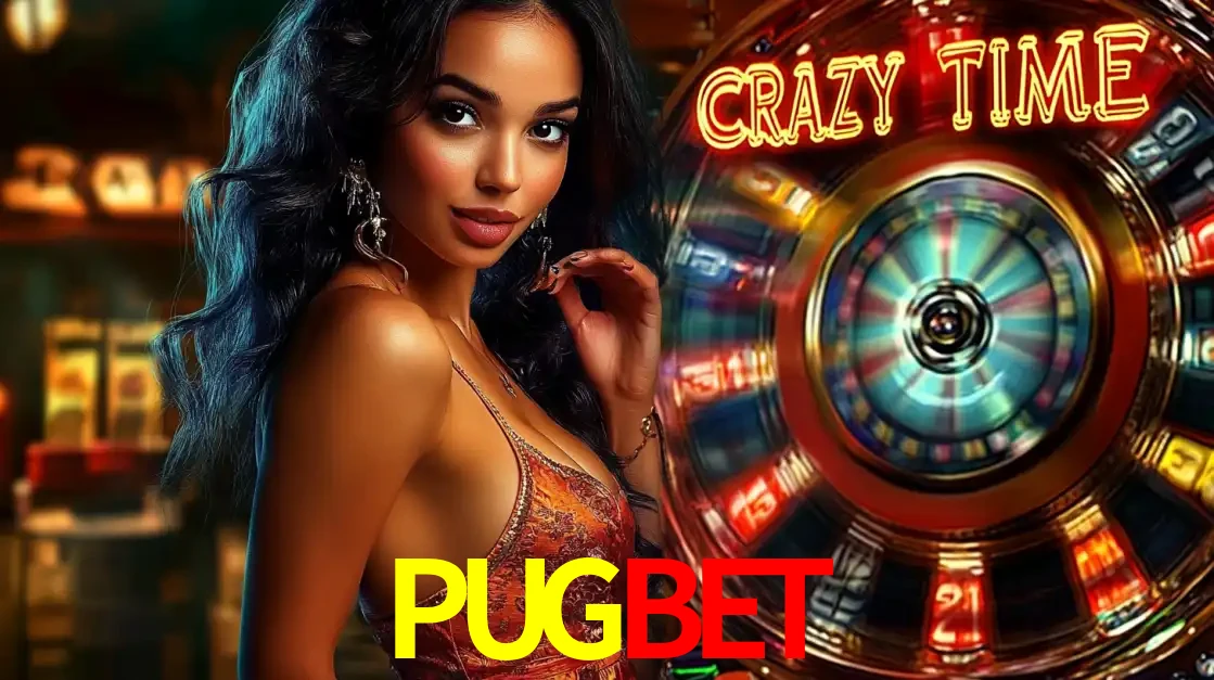 Mulher elegante ao lado da vibrante roda da fortuna do jogo de cassino ao vivo Crazy Time, um dos game shows mais populares e cheios de prêmios do PUGBET.