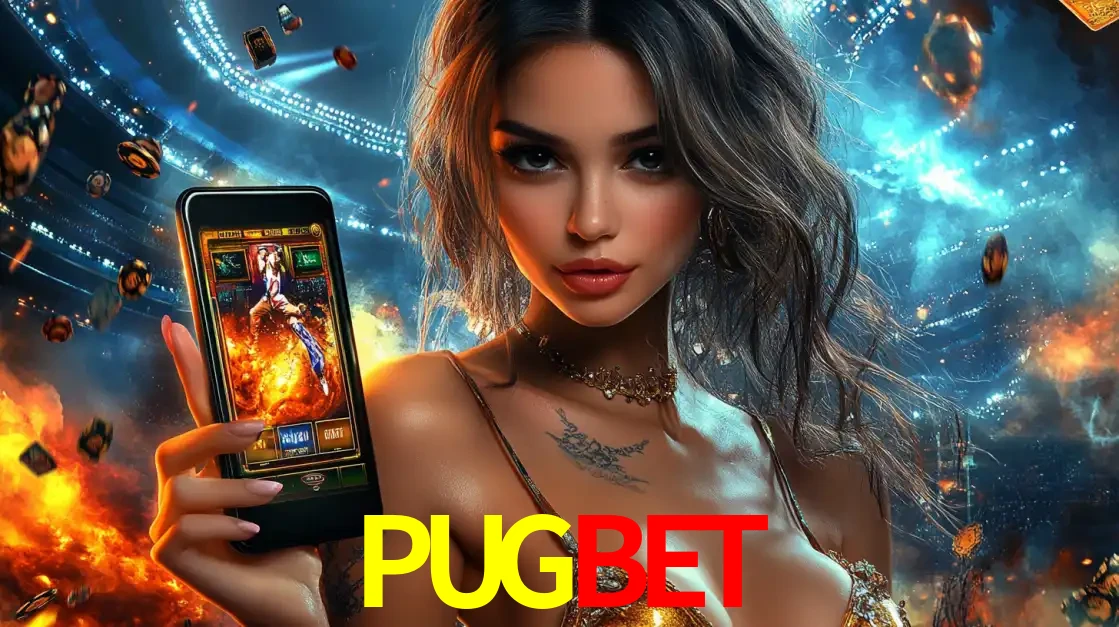 Mulher segurando um celular com um jogo de slot em destaque, tendo como fundo um estádio vibrante, simbolizando a emoção de jogar no cassino móvel PUGBET.
