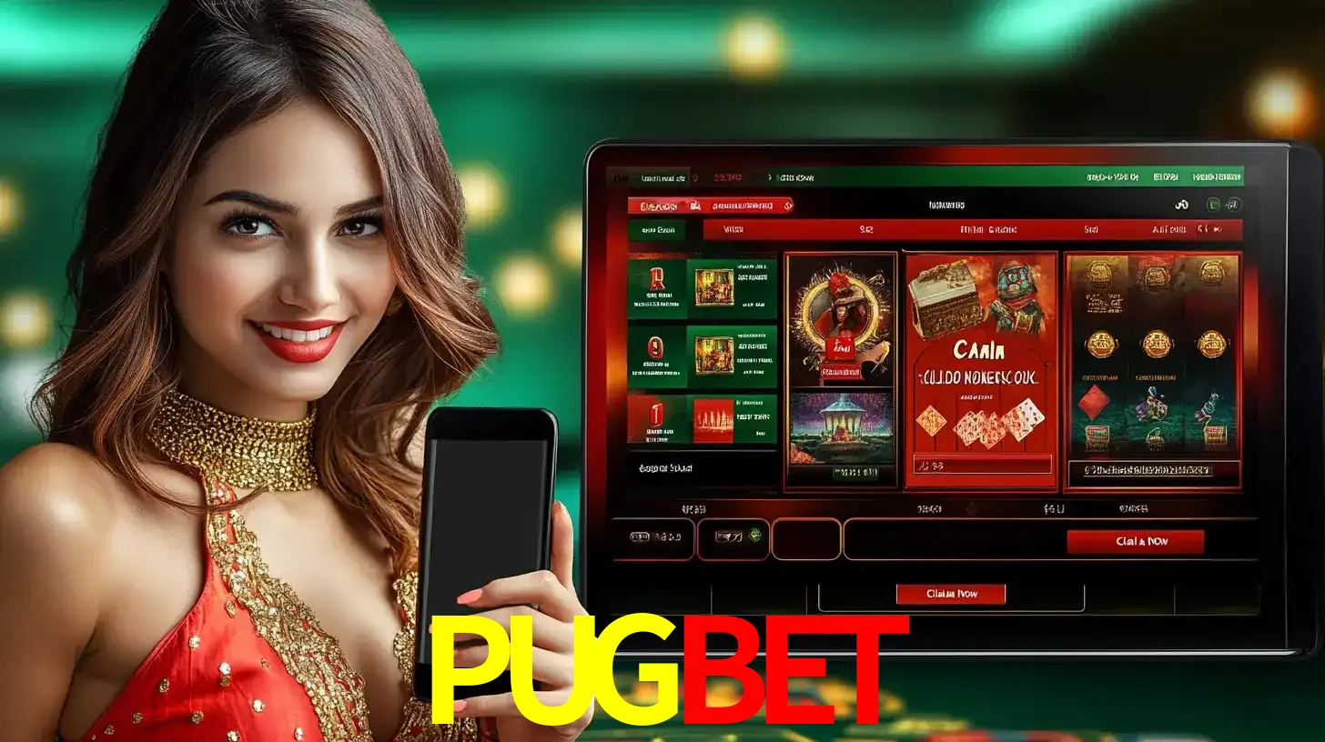 Mulher sorridente segurando um smartphone, ao lado de uma tela exibindo o lobby de jogos do cassino online PUGBET, com várias opções de jogos de cartas e slots.